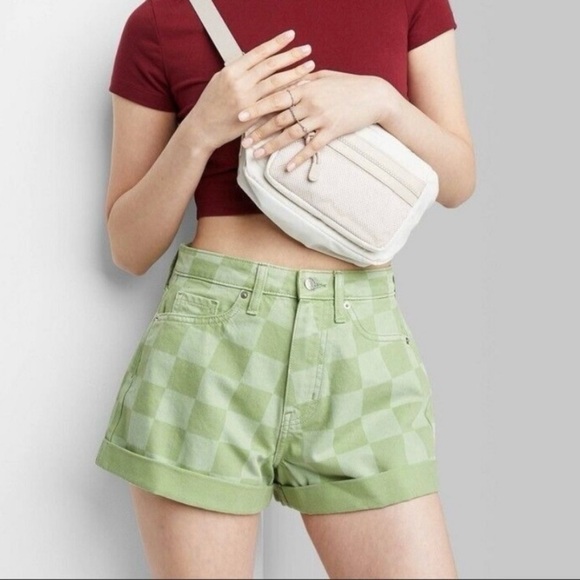 wild fable Pants - 🚨Wild Fable Green Checker Highest Rise Mom Shorts Womens 2 Cuffed Skater Grunge